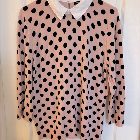 Tops - Ladies Cable & Gauge Pink w/Black Polka Dots Long Sleeve Light Sweater, Size XL